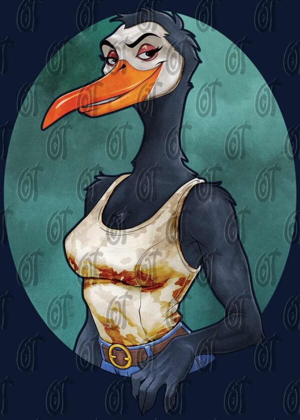A digital illustration of "The Heron" design, featuring an anthropomorphic female heron in a camo tank top and belt | orangecattee.eu