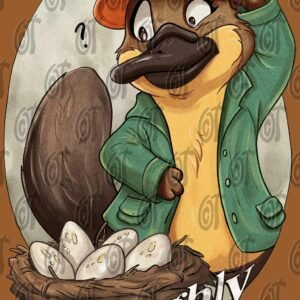 An illustration of the "Thoroughly Confused" design, featuring an anthropomorphic platypus in a hat looking bewildered at a nest of eggs | orangecattee.eu