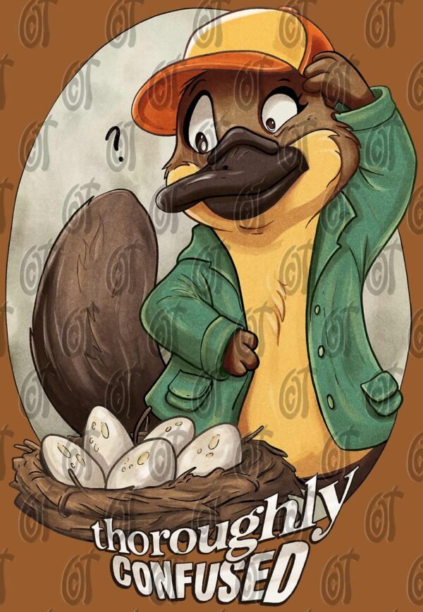 An illustration of the "Thoroughly Confused" design, featuring an anthropomorphic platypus in a hat looking bewildered at a nest of eggs | orangecattee.eu