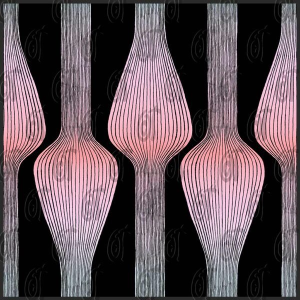 An abstract "Bulbs" design featuring a repeating pattern of vertical lines forming pink gradient bulb shapes on a black background | orangecattee.eu