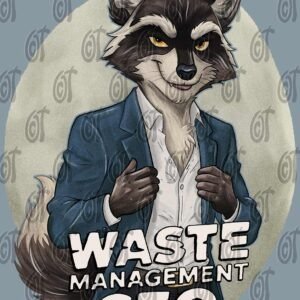 An illustration of "The Racoon" design, featuring an anthropomorphic raccoon in a suit with the text "Waste Management CEO" | orangecattee.eu