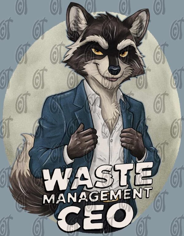 An illustration of "The Racoon" design, featuring an anthropomorphic raccoon in a suit with the text "Waste Management CEO" | orangecattee.eu