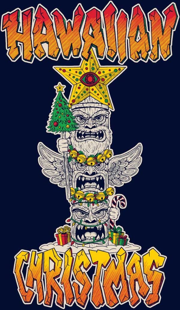 A festive illustration of the "Hawaiian Christmas" design, featuring a decorated Tiki totem pole with holiday elements | orangecattee.eu
