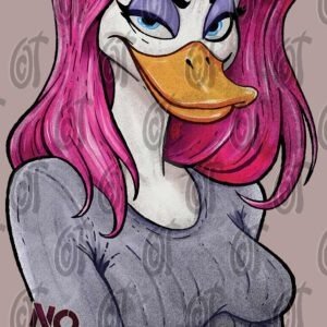 An illustration of the "No Ducking Worries" design, featuring a sassy anthropomorphic duck with pink hair and a grey sweater | orangecattee.eu