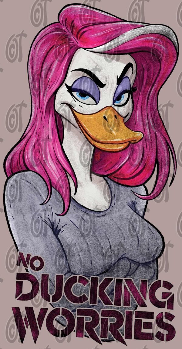An illustration of the "No Ducking Worries" design, featuring a sassy anthropomorphic duck with pink hair and a grey sweater | orangecattee.eu